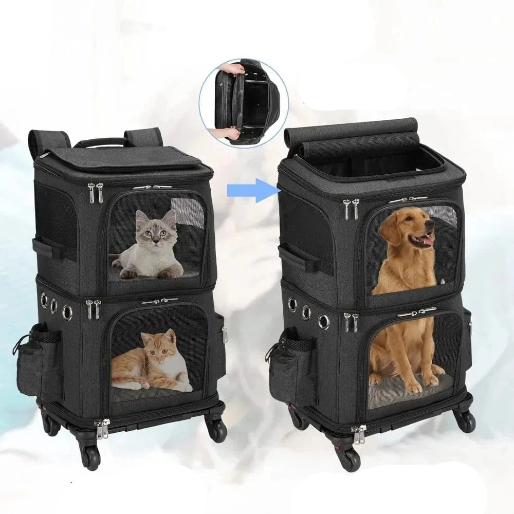 l-arbre-a-chat.com Double-Compartment Pet Carrier Backpack with Wheels for Small Cats and Dogs, Cat Rolling Carrier for 2 Cats, for Traveling