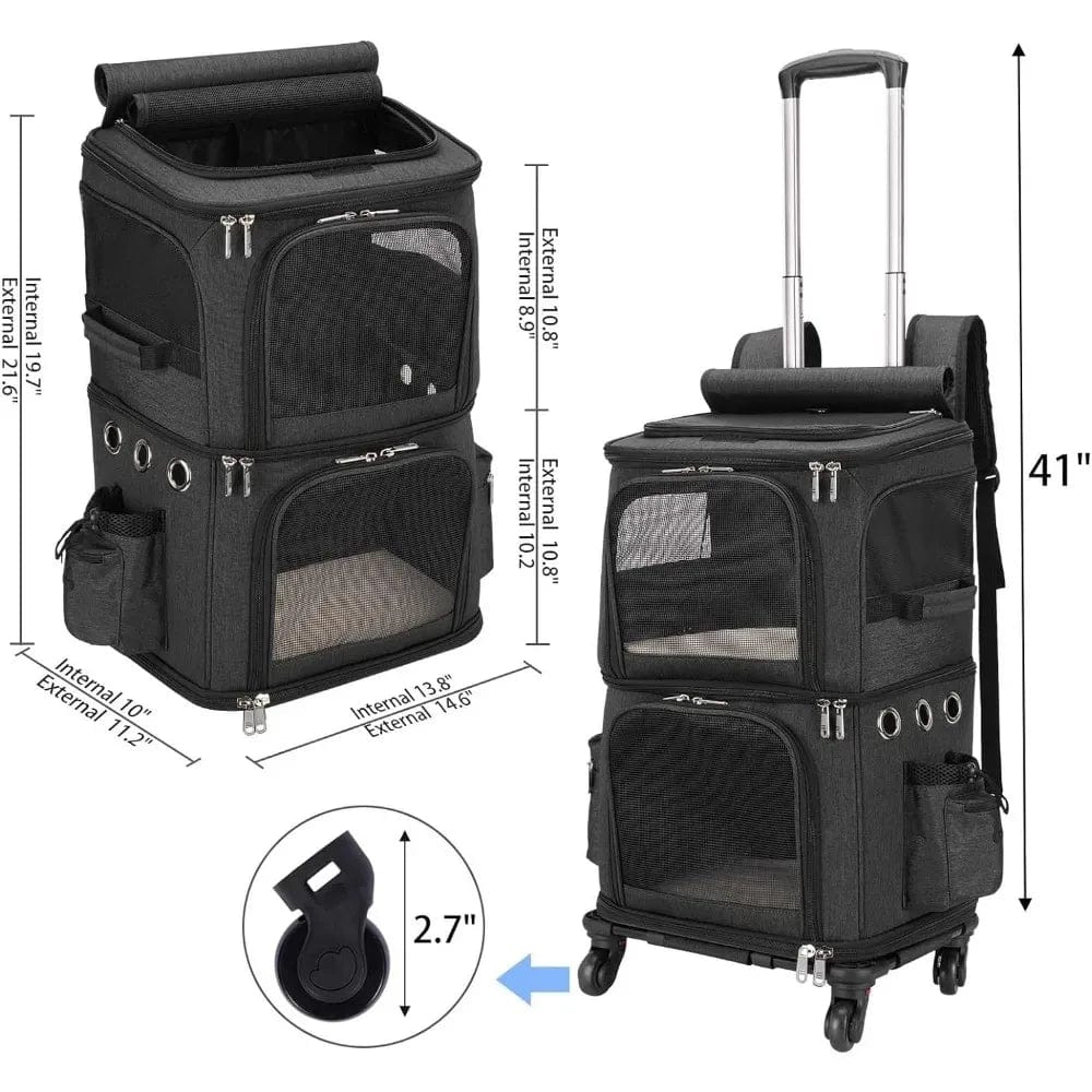 l-arbre-a-chat.com Double-Compartment Pet Carrier Backpack with Wheels for Small Cats and Dogs, Cat Rolling Carrier for 2 Cats, for Traveling