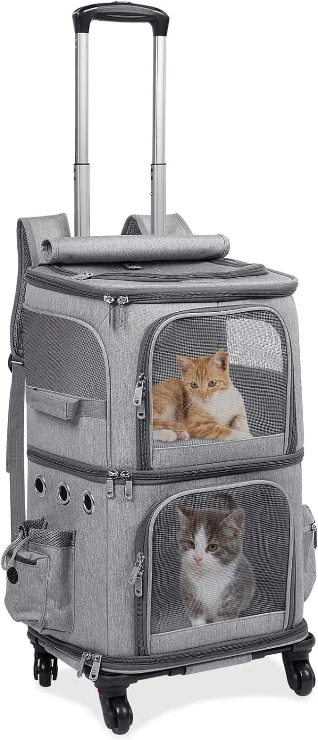 l-arbre-a-chat.com Double-Compartment Pet Carrier Backpack with Wheels for Small Cats and Dogs, Cat Rolling Carrier for 2 Cats, for Traveling
