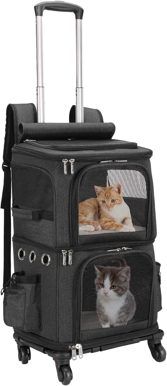 l-arbre-a-chat.com Double-Compartment Pet Carrier Backpack with Wheels for Small Cats and Dogs, Cat Rolling Carrier for 2 Cats, for Traveling