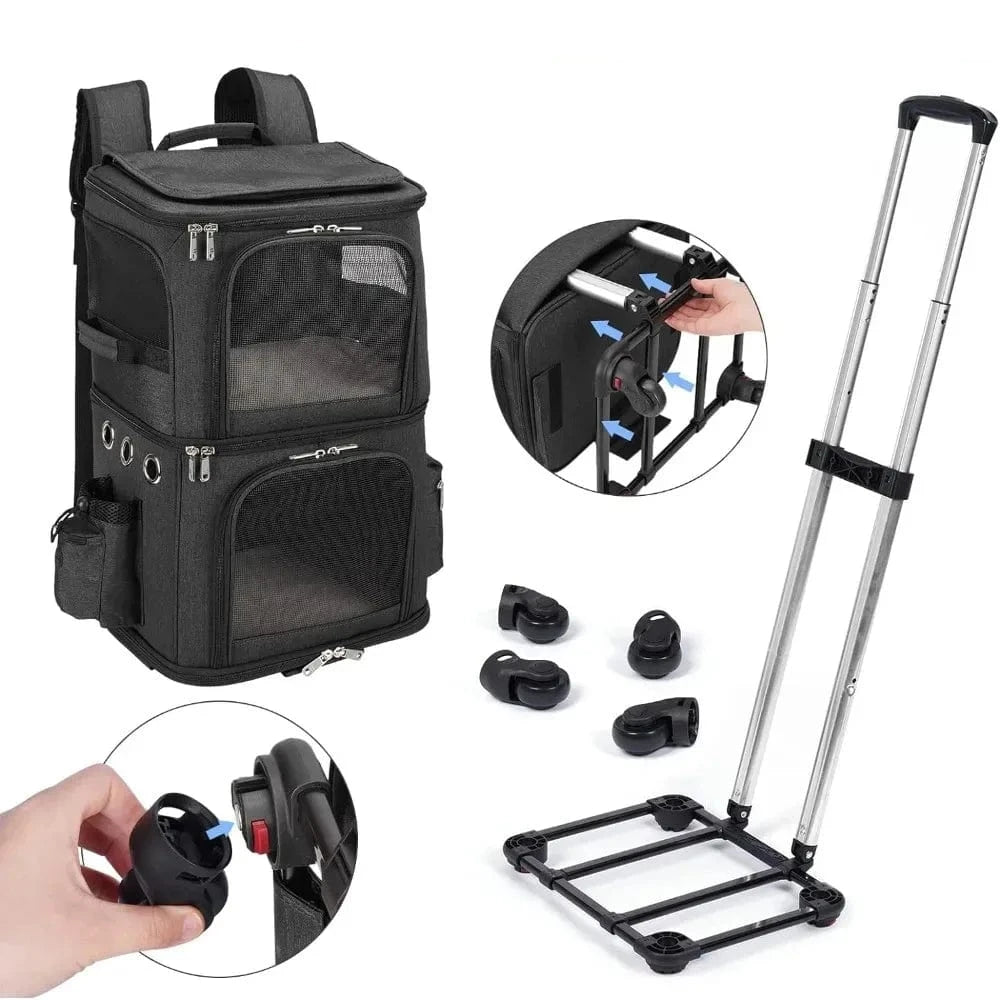 l-arbre-a-chat.com Double-Compartment Pet Carrier Backpack with Wheels for Small Cats and Dogs, Cat Rolling Carrier for 2 Cats, for Traveling