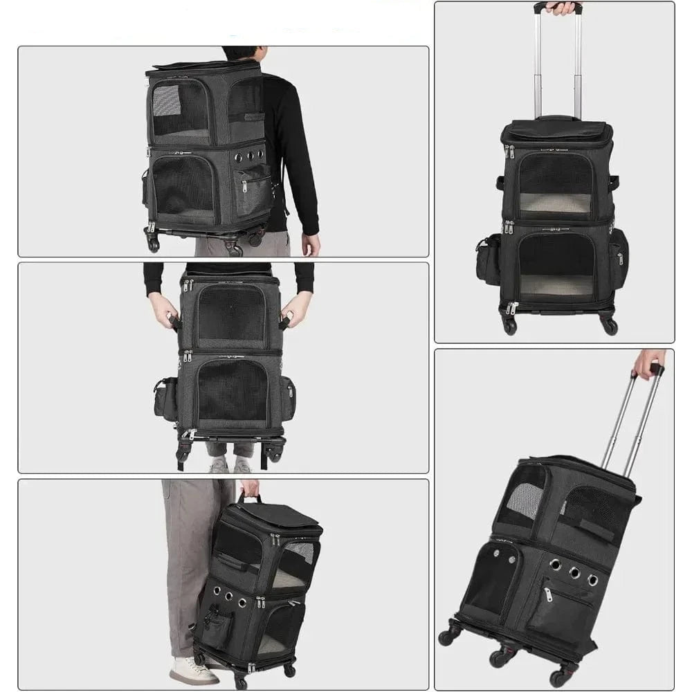 l-arbre-a-chat.com Double-Compartment Pet Carrier Backpack with Wheels for Small Cats and Dogs, Cat Rolling Carrier for 2 Cats, for Traveling