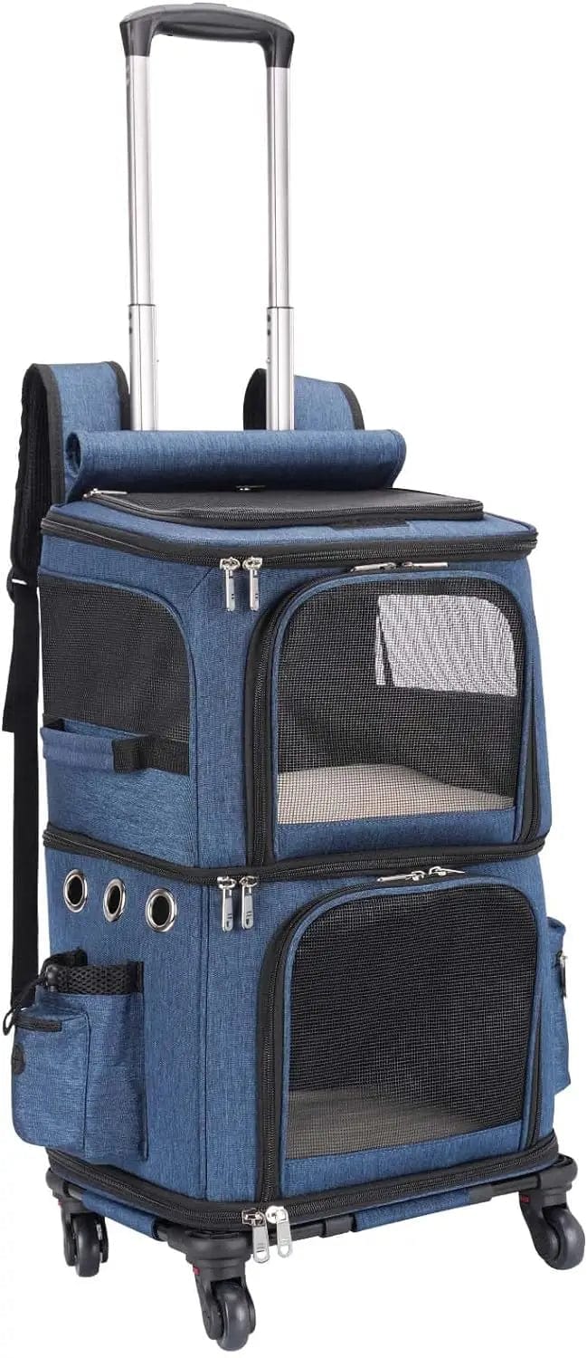 l-arbre-a-chat.com Double-Compartment Pet Carrier Backpack with Wheels for Small Cats and Dogs, Cat Rolling Carrier for 2 Cats, for Traveling
