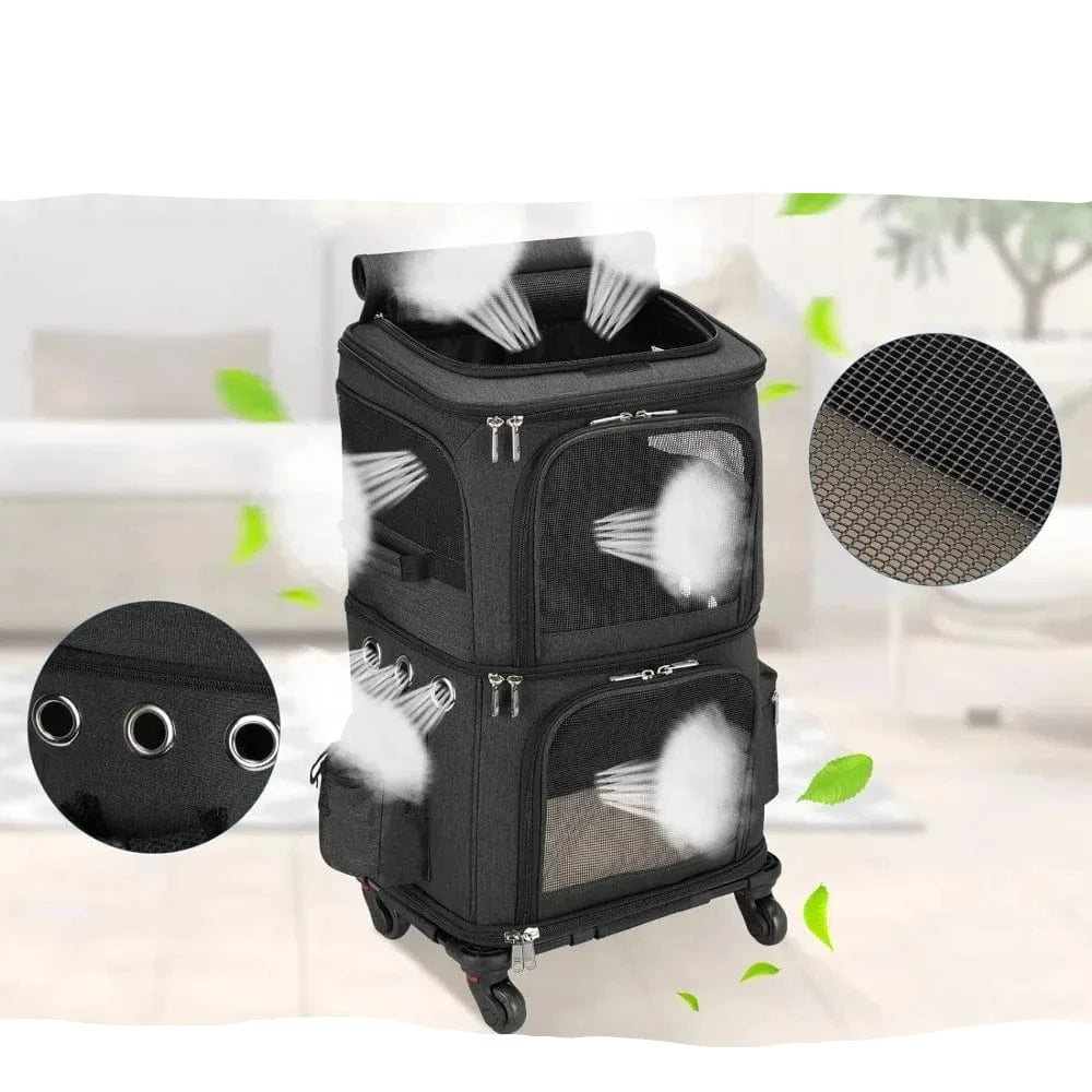 l-arbre-a-chat.com Double-Compartment Pet Carrier Backpack with Wheels for Small Cats and Dogs, Cat Rolling Carrier for 2 Cats, for Traveling