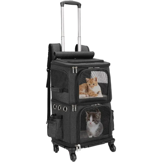 l-arbre-a-chat.com Double-Compartment Pet Carrier Backpack with Wheels for Small Cats and Dogs, Cat Rolling Carrier for 2 Cats, for Traveling