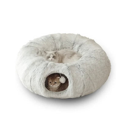 l-arbre-a-chat.com Plush Cat Bed with Tunnel for Indoor Cats, Multifunctional Cat Tunnel Bed with Peephole, Fluffy Donut Cat Bed with Tunnel