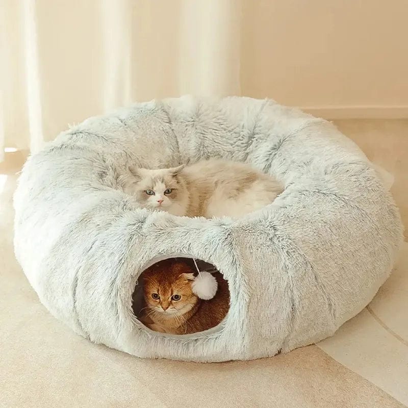 l-arbre-a-chat.com Plush Cat Bed with Tunnel for Indoor Cats, Multifunctional Cat Tunnel Bed with Peephole, Fluffy Donut Cat Bed with Tunnel